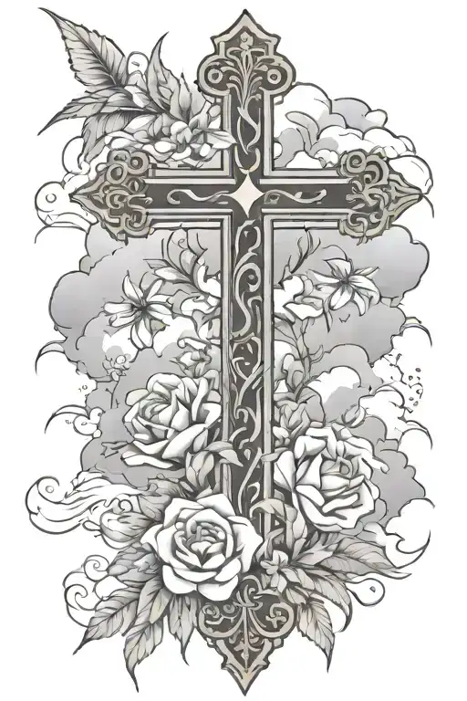 cross with flowers, clouds and roman numerals tattoo design idea