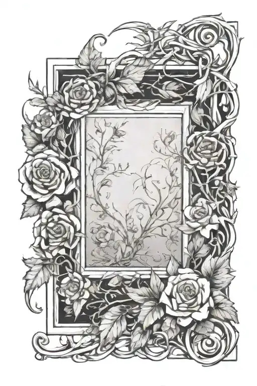 picture frame made from flowers and thorny vines tattoo design idea