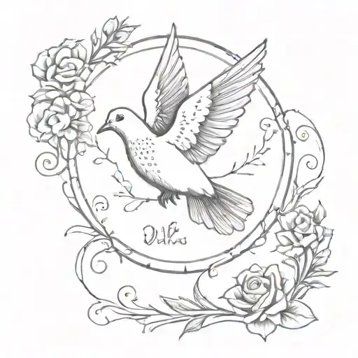 An intricate tattoo featuring a dove representing the Holy Spirit surrounded by elements of nature, with a Bible verse wrapping around the design tattoo design idea