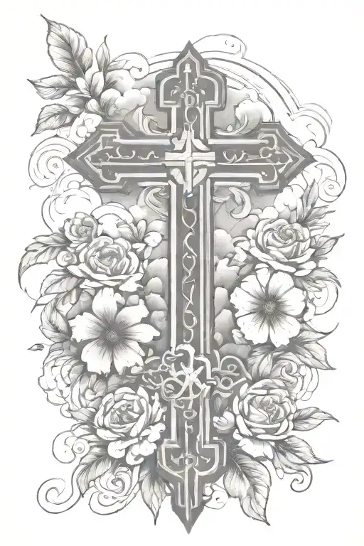 cross with flowers, clouds and roman numerals tattoo design idea