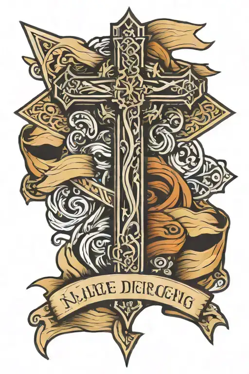 simple line drawing of a cross with a banner wrapped tattoo design idea