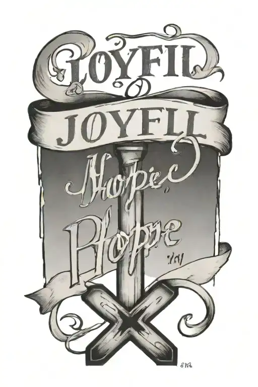 words " Joyful in Hope, persevering in trials, devoted to prayer. Romans 12:12" on small modern script with cross tattoo design idea
