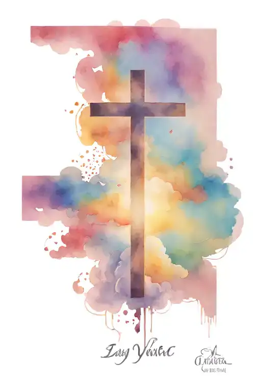 cross with clouds fading with bible verse written tattoo design idea