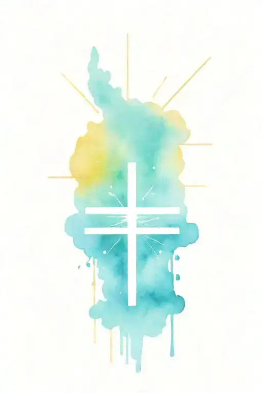 minimalist cross with paint drips, clouds, rays of light and bible verse tattoo design idea