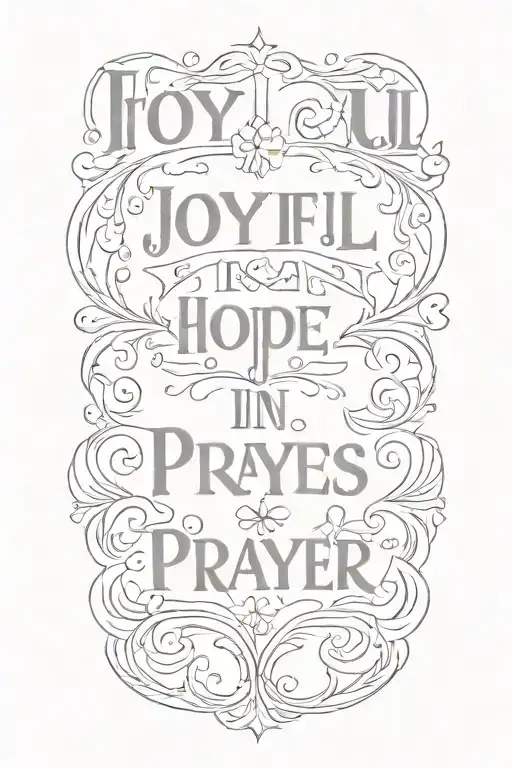 words " Joyful in Hope, persevering in trials, devoted to prayer. Romans 12:12" on small modern script with cross tattoo design idea