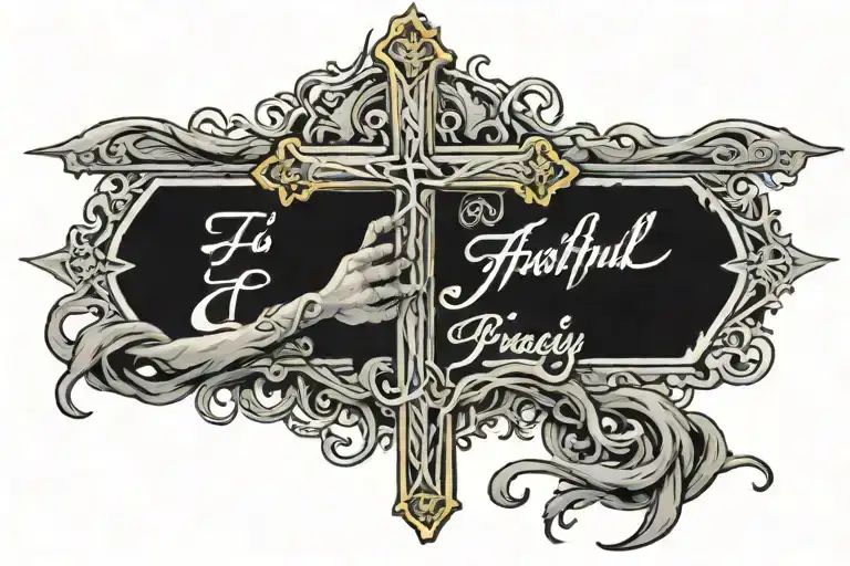 cross with words Faithful in Prayer going through the cross tattoo design idea