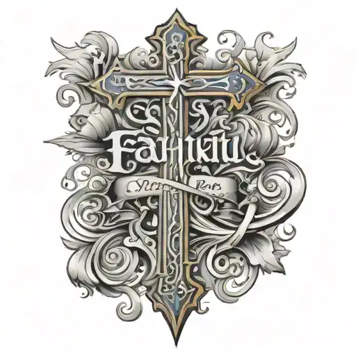 cross with words Faithful in Prayer going through the cross tattoo design idea
