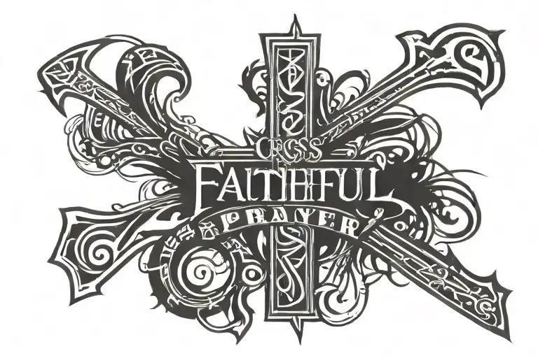 cross with words Faithful in Prayer going through the cross tattoo design idea