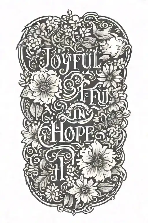 write the phrase" joyful in hope, Persevering through trials, Fsithful in Prayer" surroud with flowers and  clouds  tattoo design idea