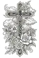 cross with flowers, clouds and roman numerals tattoo design idea