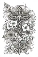 cross with flowers, clouds and roman numerals tattoo design idea