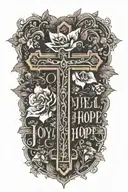 words " Joyful in Hope, persevering in trials, devoted to prayer. Romans 12:12" with cross tattoo design idea