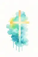 minimalist cross with paint drips, clouds, rays of light and bible verse tattoo design idea