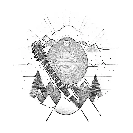 mountains, lake, flowers, sun, guitar, lifeline ithos a heart  tattoo design idea