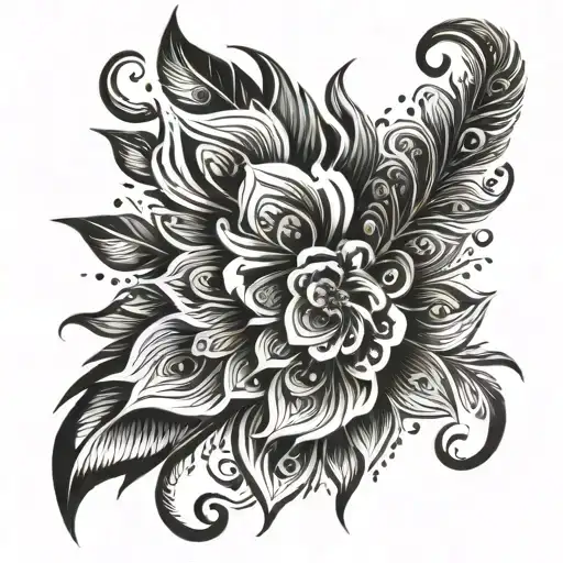 flower sleeves that blends into a peacock feathers tattoo design idea