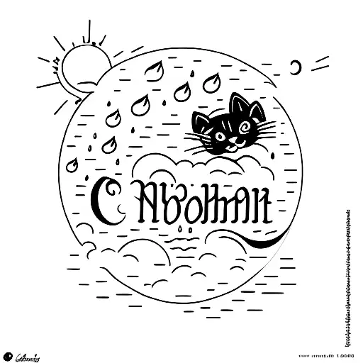 1 black kitty on white moon with rain, 2nd white kitty on black moon with fire  tattoo design idea