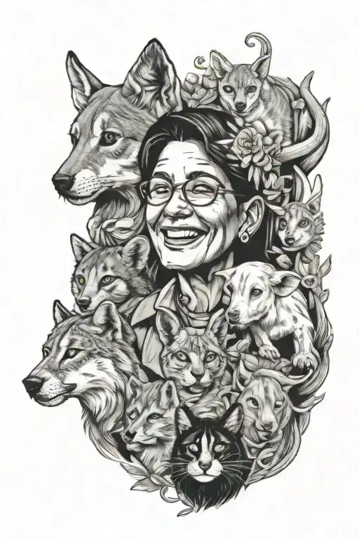 A black-grey portrait of a joyful social worker surrounded by their favorite animals, each representing a different aspect of their job tattoo design idea