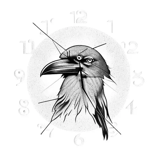 raven with black timeless clock that has foman numerals tattoo design idea