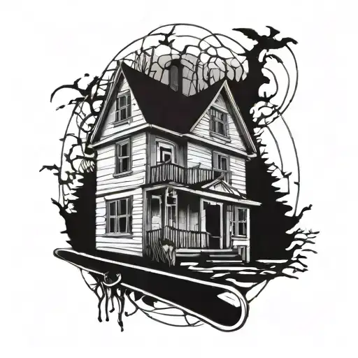 A haunted house with a skater silhouette navigating through it tattoo design idea
