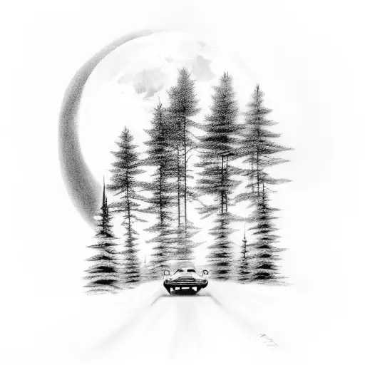 A black-grey tattoo of a classic car driving through a forest with a full moon in the sky tattoo design idea
