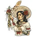 Mexican woman holding a bloody shirt during the 1800s calling for her man for help  tattoo design idea