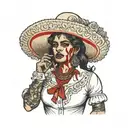 Mexican woman holding a bloody shirt during the 1800s calling for her man for help  tattoo design idea
