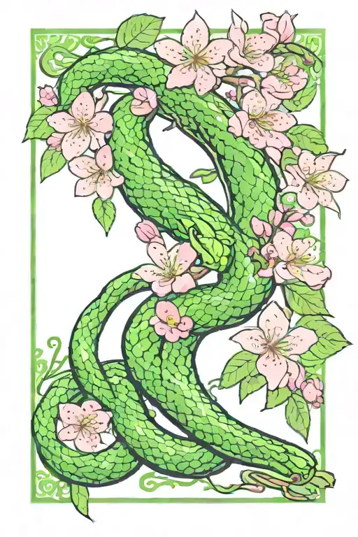 green snake in pink apple blossoms blooming tattoo design idea