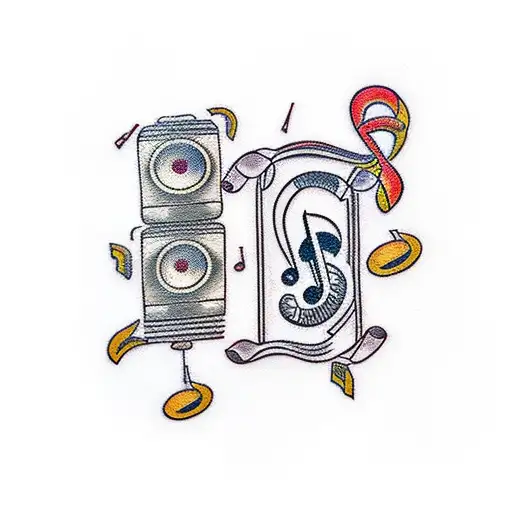 A traditional style tattoo of a family road trip with music notes scattered around tattoo design idea