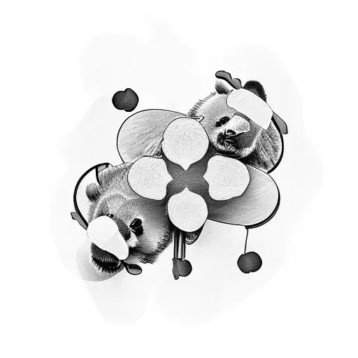 Panda bear, a four leaf clover, flowers, and wind tattoo design idea