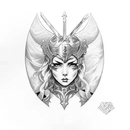 diosa de la justicia nemesis de cintura para arriba con espada y balanza tattoo design idea