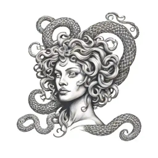 A dotwork tattoo of the mythological creature Medusa with snakes for hair, reflecting Greek mythology fascination tattoo design idea