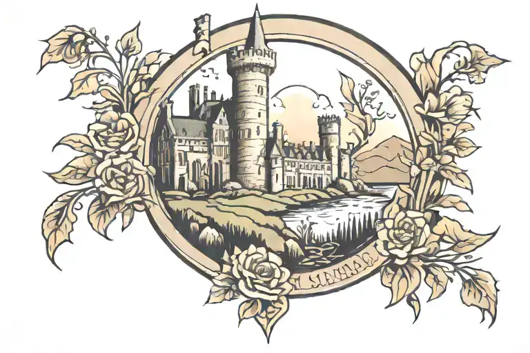 women's half sleeve  Dunscaith castle Scotland tattoo design idea