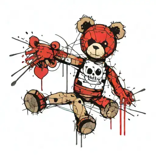 voodoo doll with teddy bear appearance in line art tattoo design idea