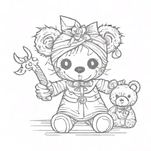voodoo doll with teddy bear appearance in line art tattoo design idea