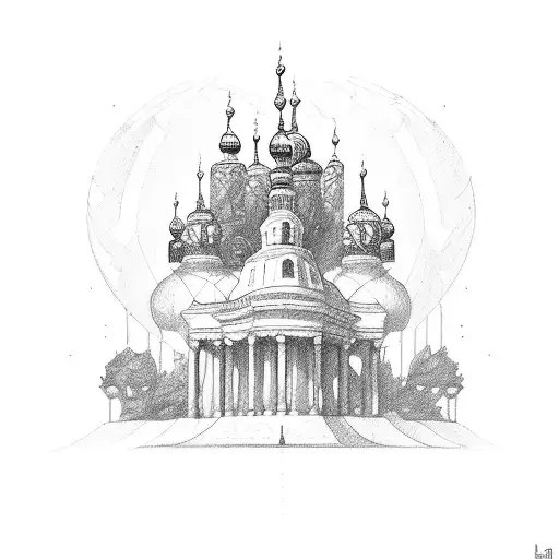 a sketch of a Ukrainian building in classicism tattoo design idea