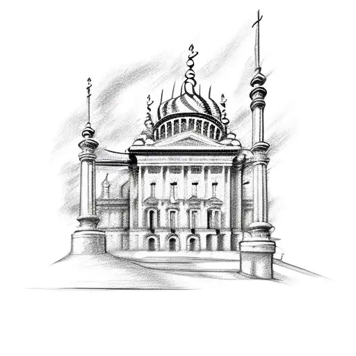a sketch of a Ukrainian building in classicism tattoo design idea