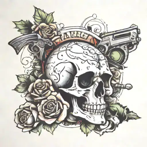 skull and roses and dices and money and guns and  tattoo design idea