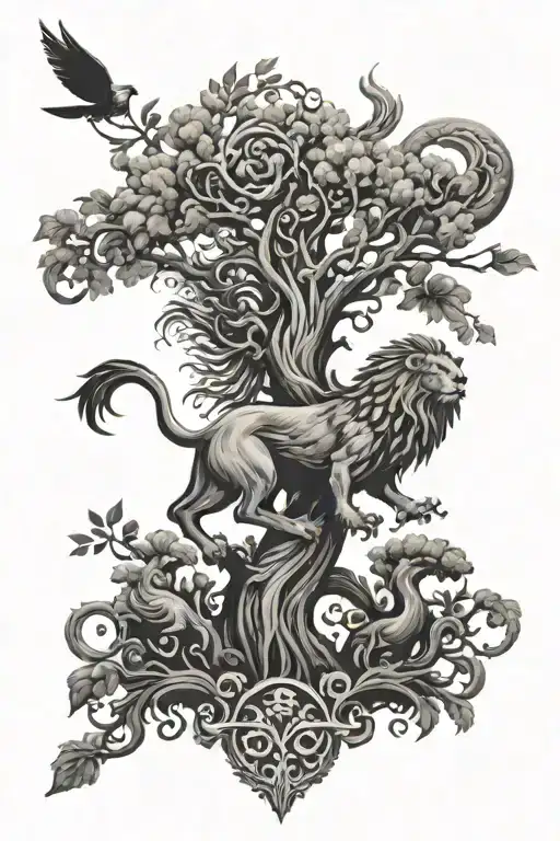tree, Phoenix, lion surrounded tattoo design idea