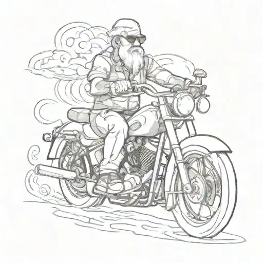 a tattoo design featuring a harley davidson motorcycle, some whiskey some dices and a bearded old guy riding it tattoo design idea