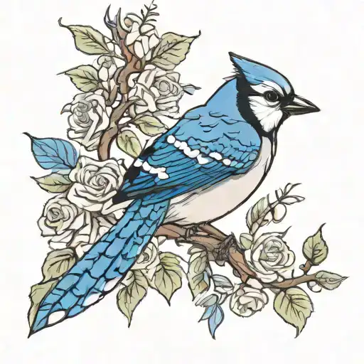 blue jay w ith rosebud tree branch tattoo design idea