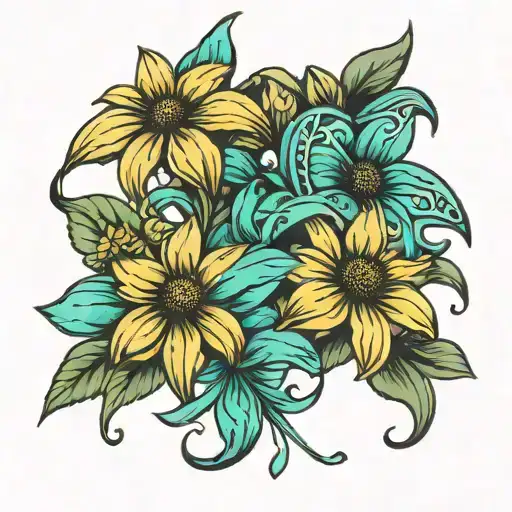 black eyed Susan and teal cancer ribbons tattoo design idea