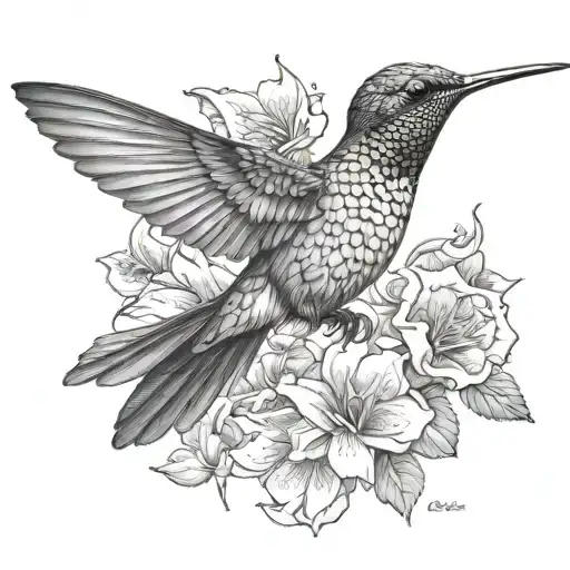 sleek, muscular hummingbird in black and white. Sharp gaze, stable stance, focused expression. Intricate detail precise  tattoo design idea
