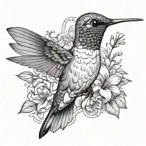 sleek, muscular hummingbird in black and white. Sharp gaze, stable stance, focused expression. NO FLOWER tattoo design idea