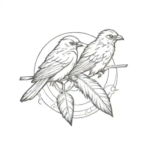 two feather with bird sitting on the 2 feathers while there's a ring around the bird. make it simple  tattoo design idea