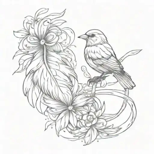 one bird sitting on a feather while there's a ring around it tattoo design idea