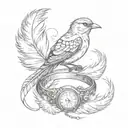 one bird sitting on a feather while there's a ring around it tattoo design idea