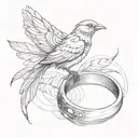 one bird sitting on a feather while there's a ring around it tattoo design idea