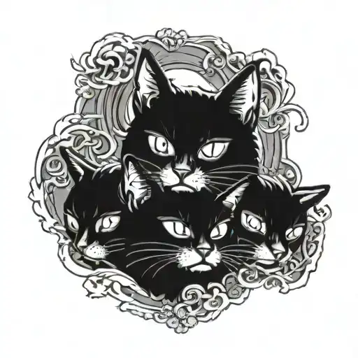 three-headed black cat with all heads snarling. The cat should have a curved, tense tail and an aggressive posture. I tattoo design idea