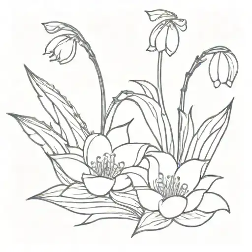 violet, lily of the valley and waterlily fineline tribal tattoo design idea