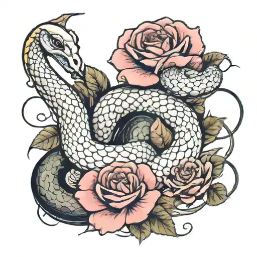 rose, yin yan and feminine snake tattoo design idea
